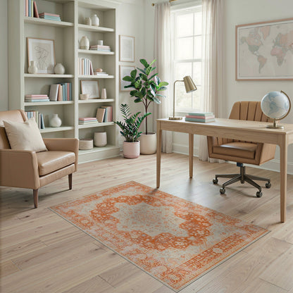 Distressed Orange Vintage Medallion Area Rug