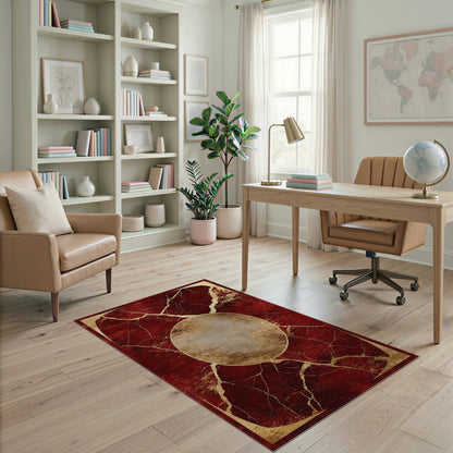 Red Marble Gold Medallion Area Rug