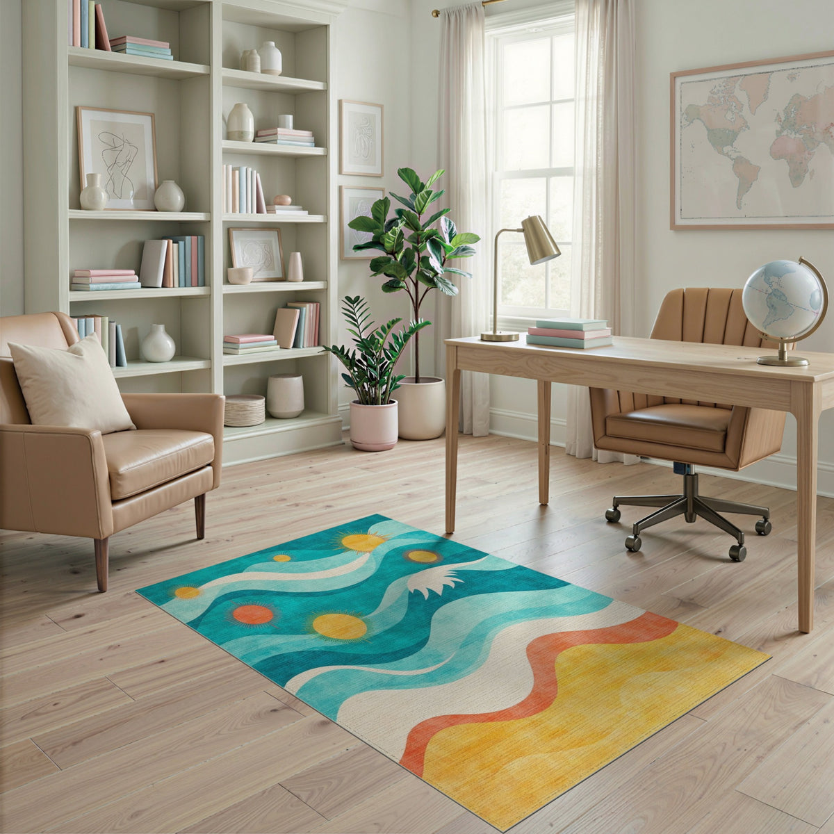Coastal Waves and Suns Washable Area Rug