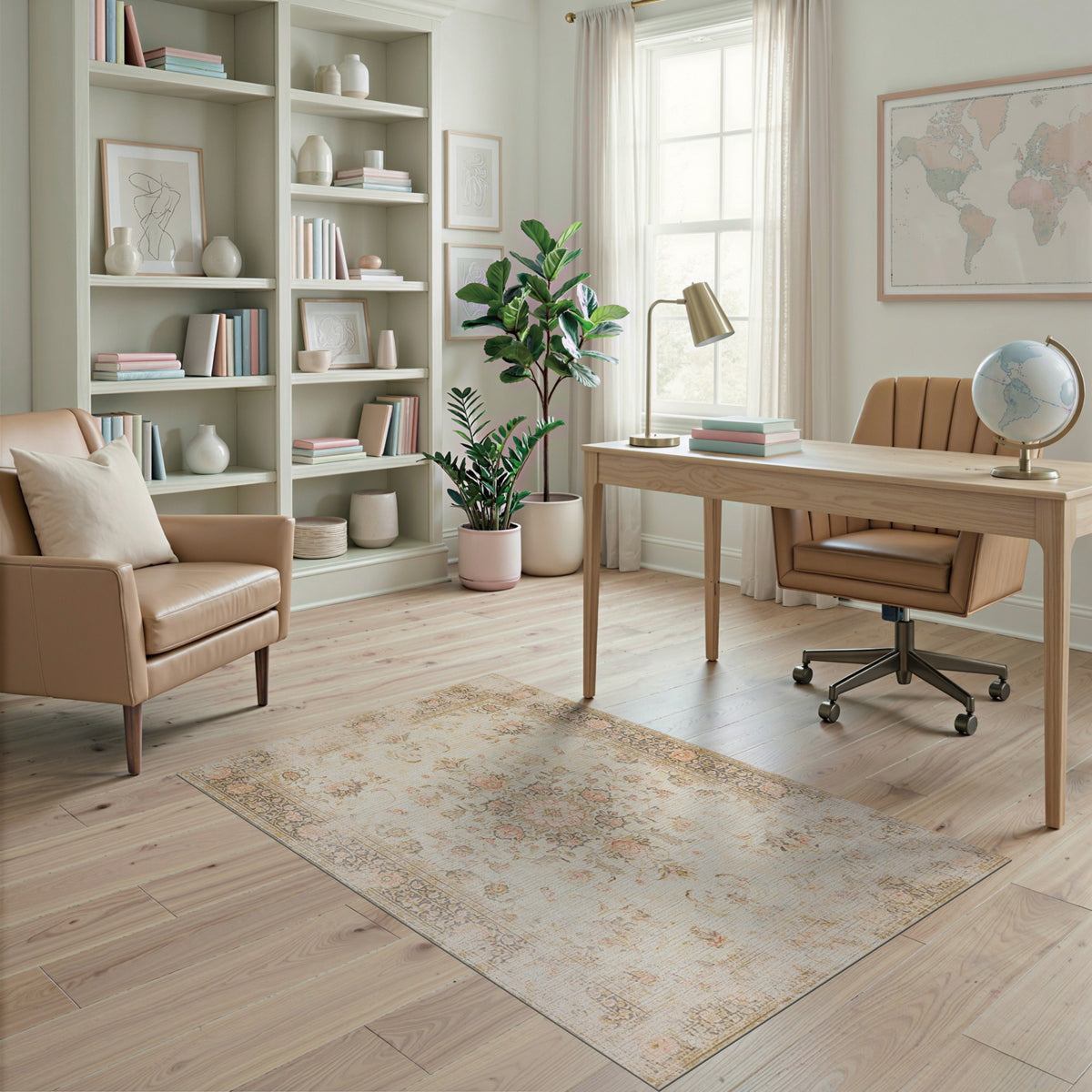 Beige and Neutral Vintage Floral Beige Medallion Area Rug