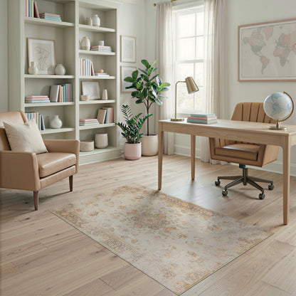 Beige and Neutral Vintage Floral Beige Medallion Area Rug