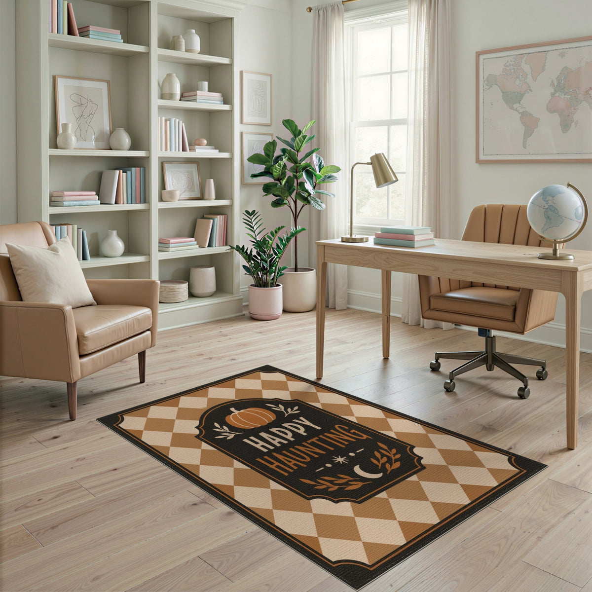 Happy Haunting Pumpkin Checkered Area Rug