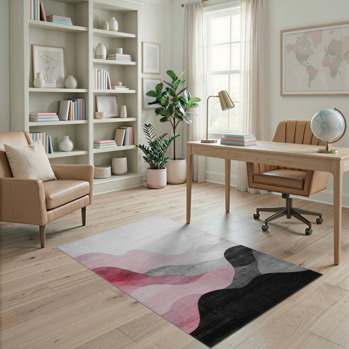 Abstract Pink Black Wave Area Rug