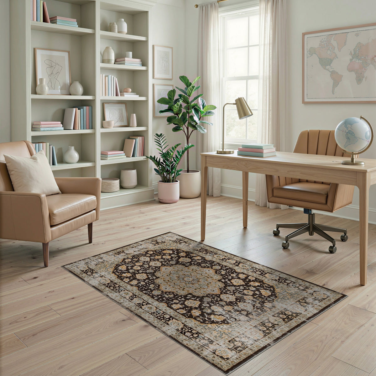 Beige Floral Medallion Distressed Area Rug