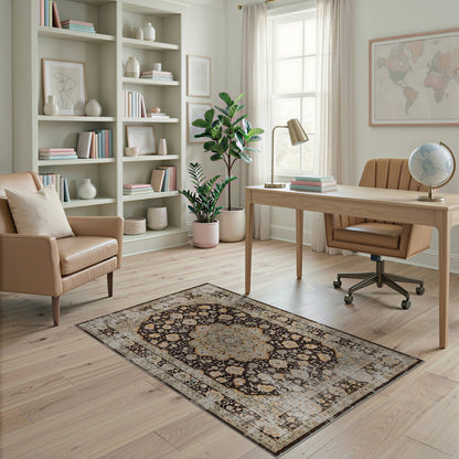Beige Floral Medallion Distressed Area Rug