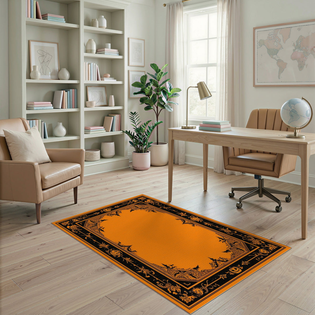 Orange Halloween Cartoon Area Rug with Pumpkins