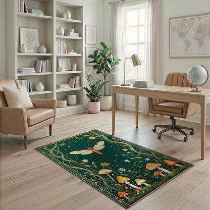 Enchanted Moth Mushroom Green Kids Area Rug