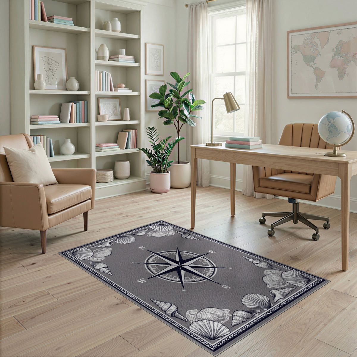 Grey Nautical Compass Shell Area Rug