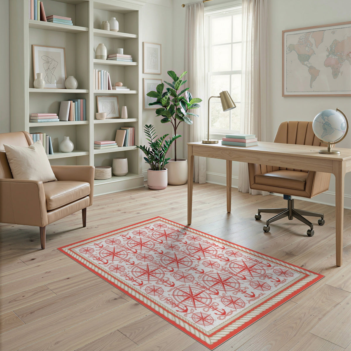Coastal Beach Red Nautical Anchor Compass Area Rug