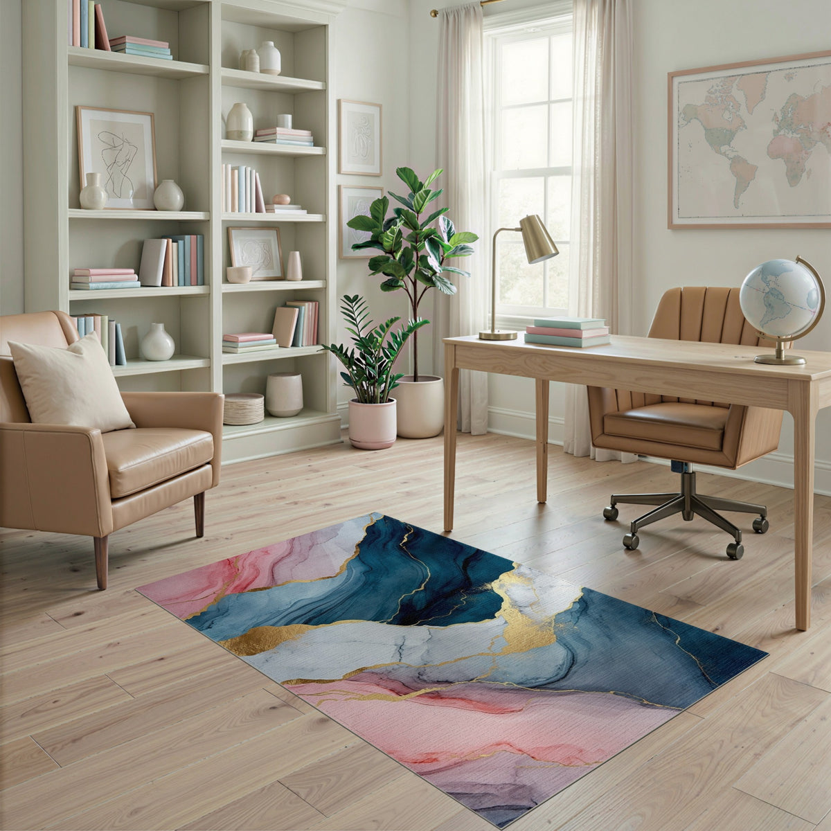 Pink Blue Abstract Marble Washable Area Rug