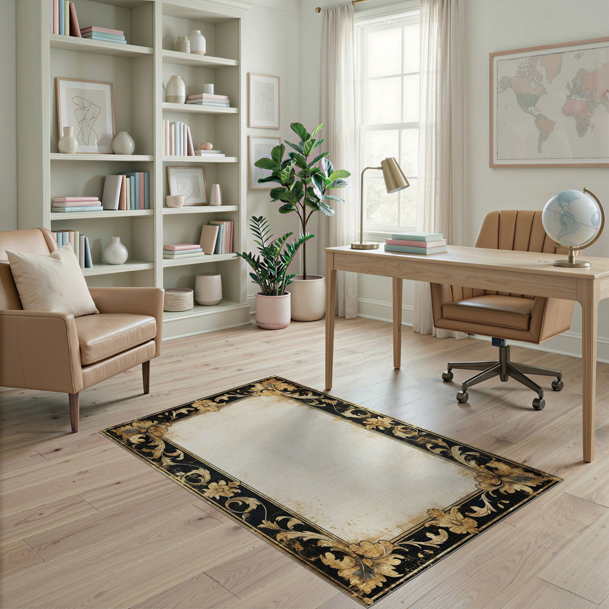 Distressed Vintage Gold Floral Area Rug