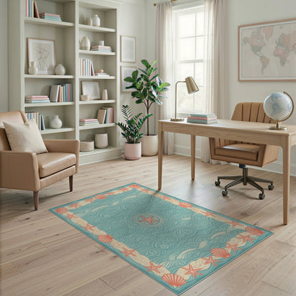 Blue Teal Coastal Starfish Wave Area Rug