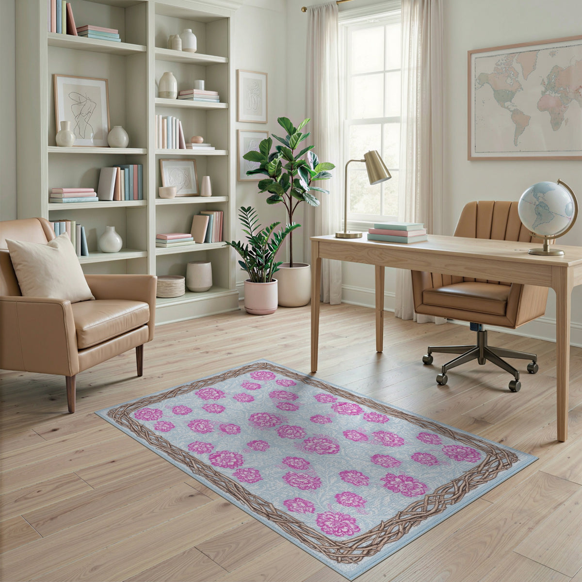 Pink Floral Vintage Area Rug with Woven Border