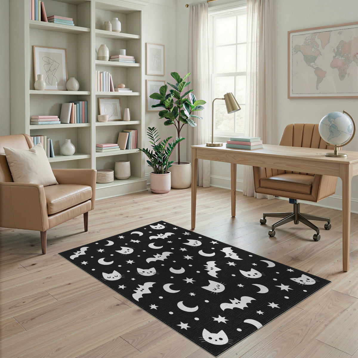Black White Cats Bats Kids Area Rug