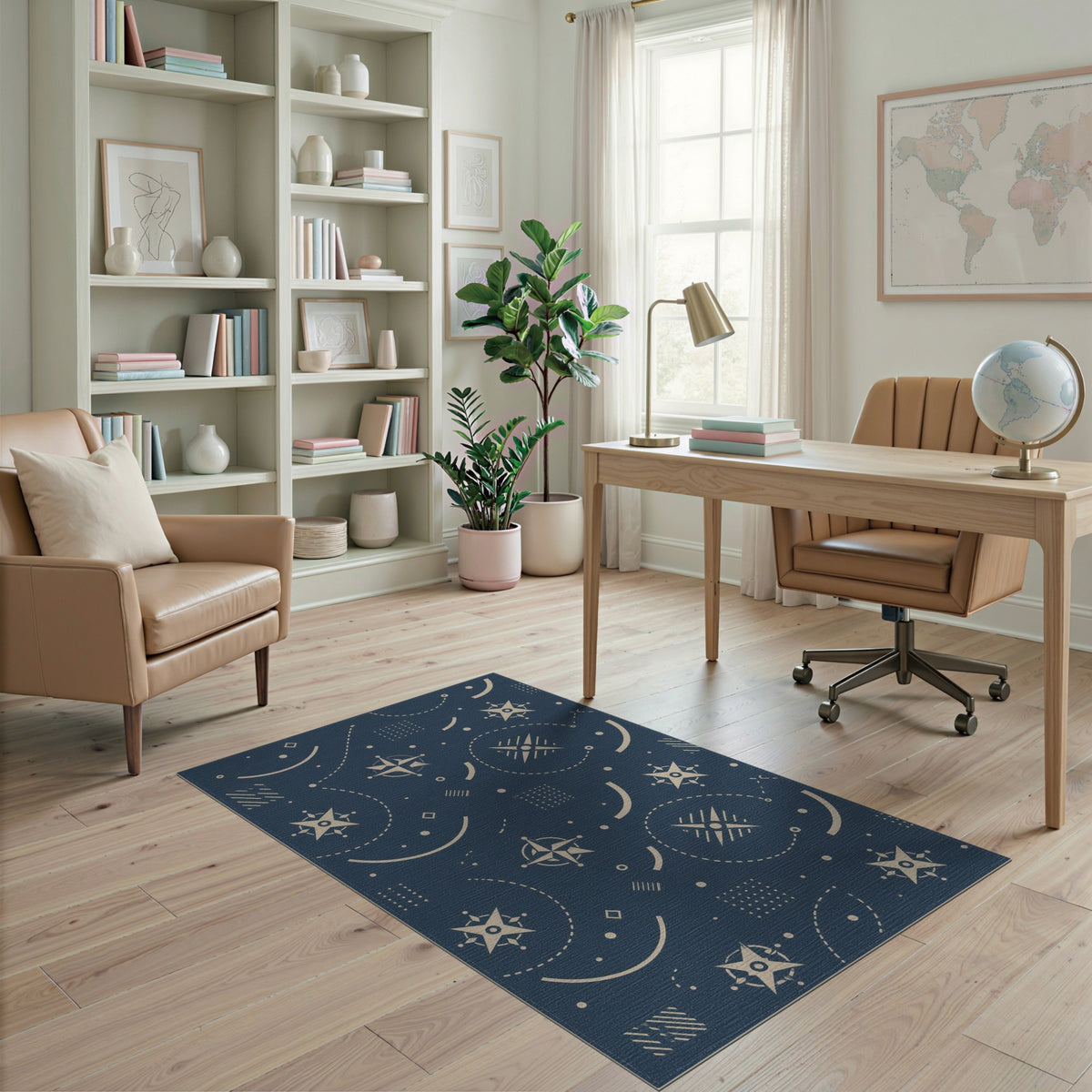 Blue Geometric Star Compass Area Rug