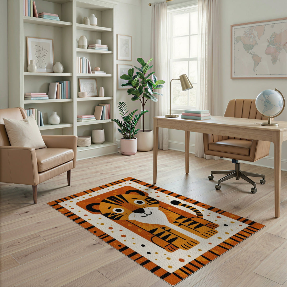 Orange Tiger Cub Kids Cartoon Area Rug