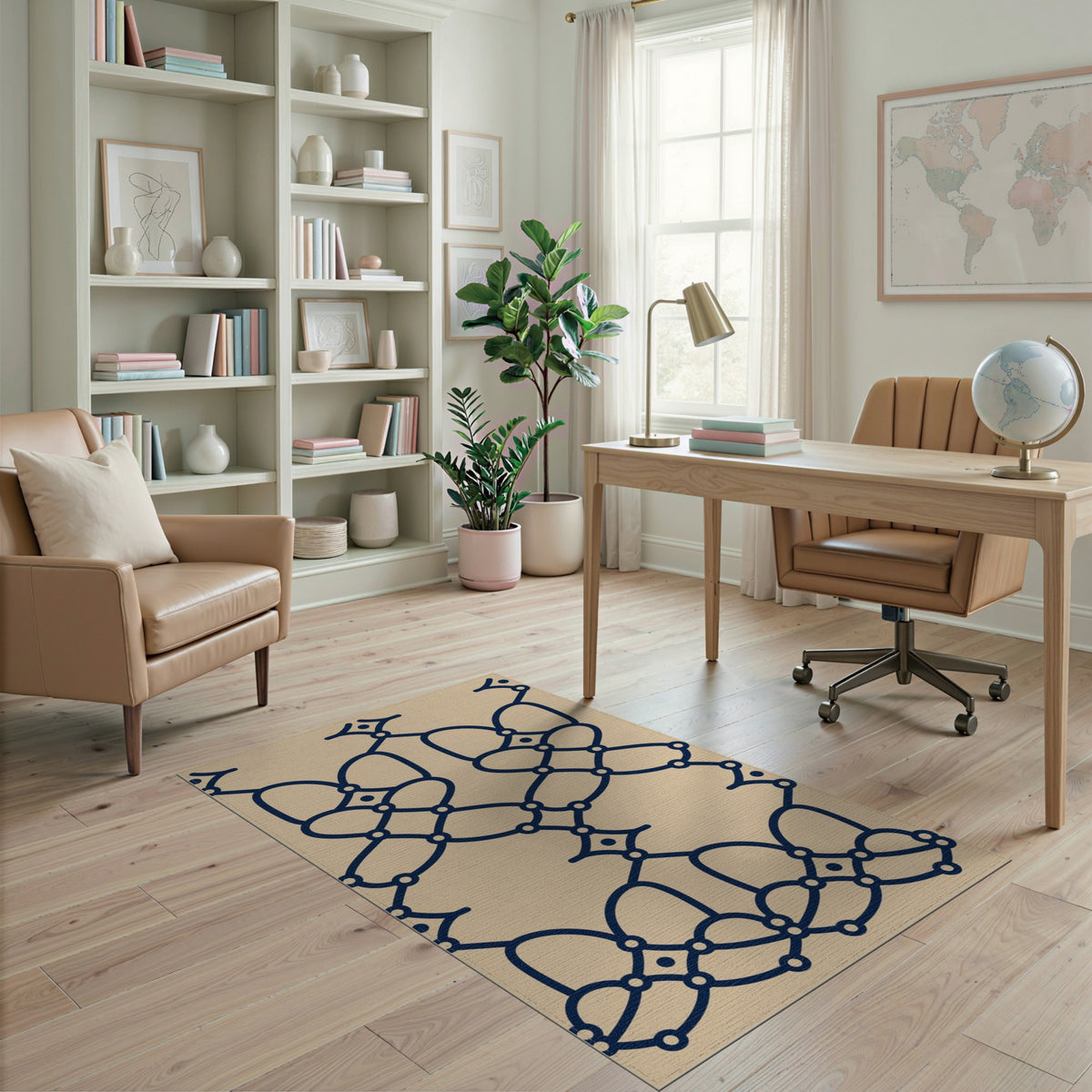 Navy Geometric Lattice Beige Area Rug