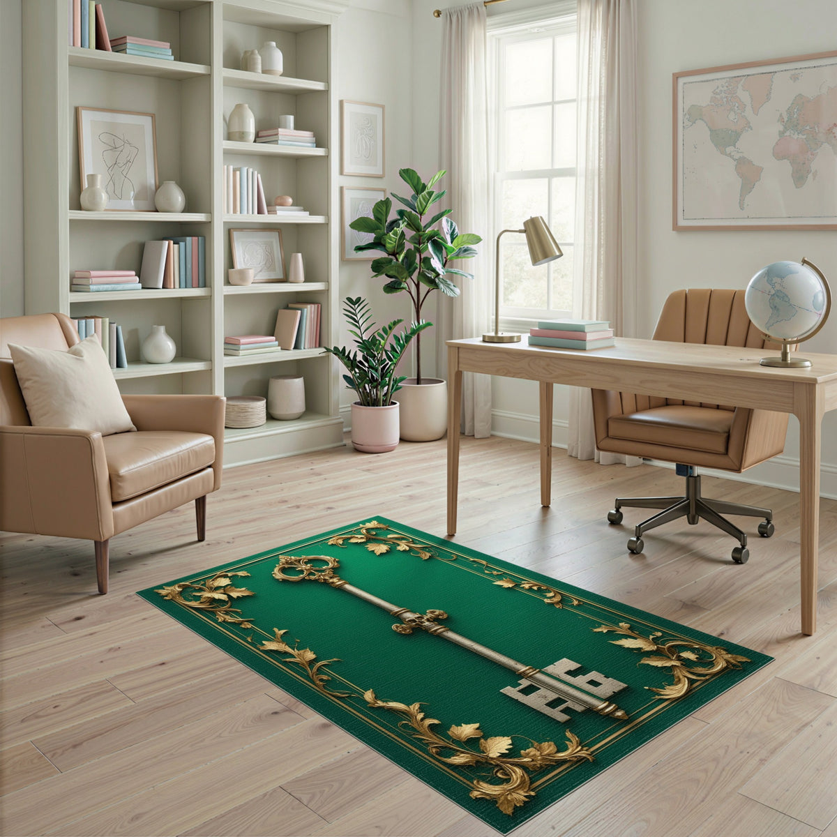 Ornate Gold Key Green Area Rug