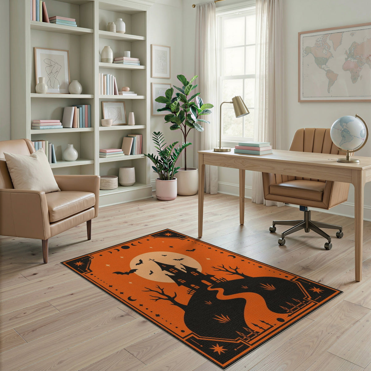 Spooky Haunted House Orange Halloween Area Rug