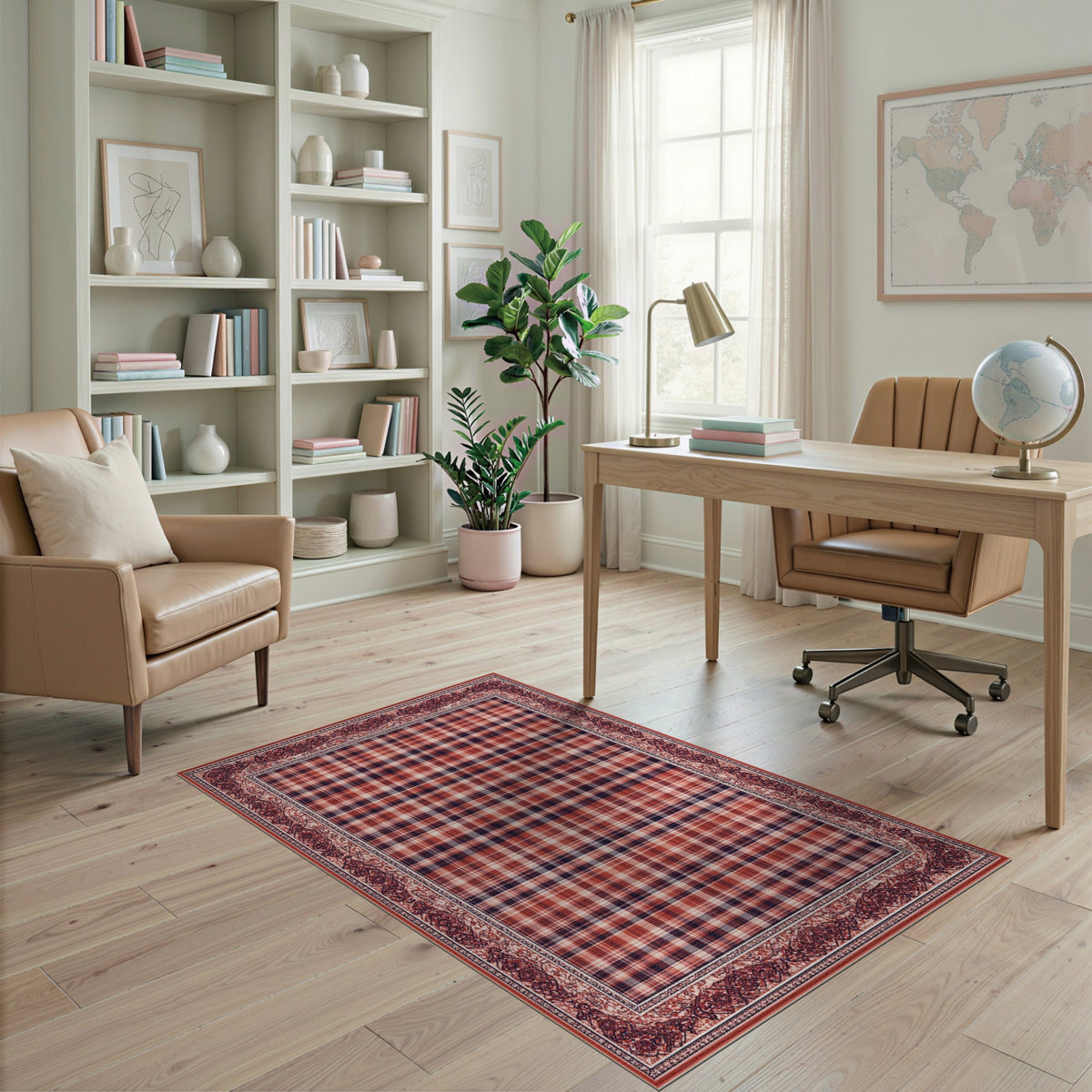 Red Plaid Vintage Border Area Rug