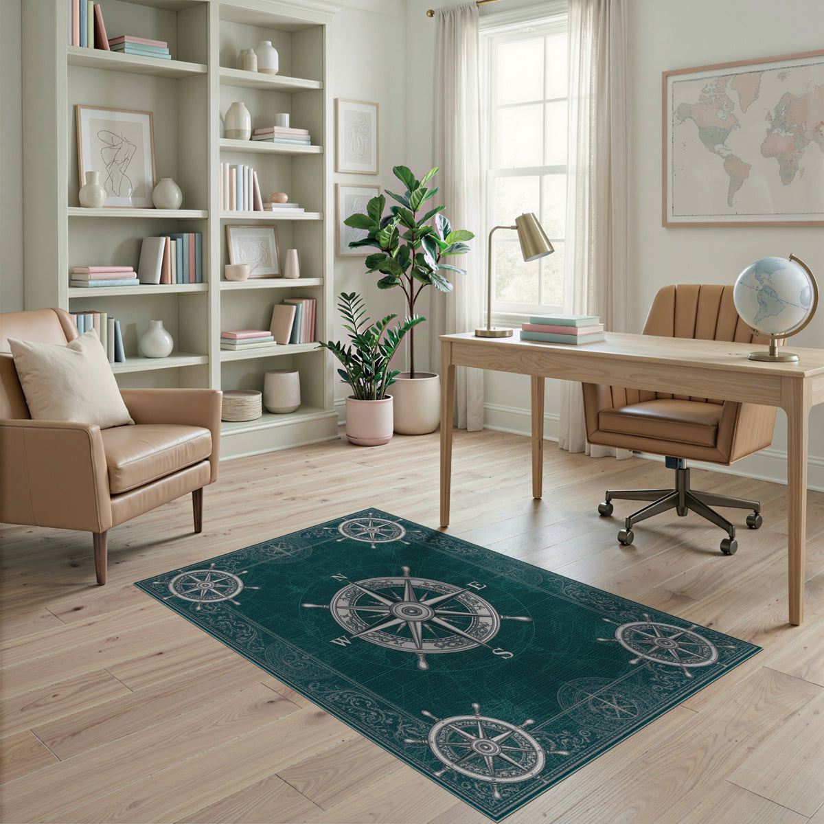 Vintage Nautical Compass Teal Area Rug