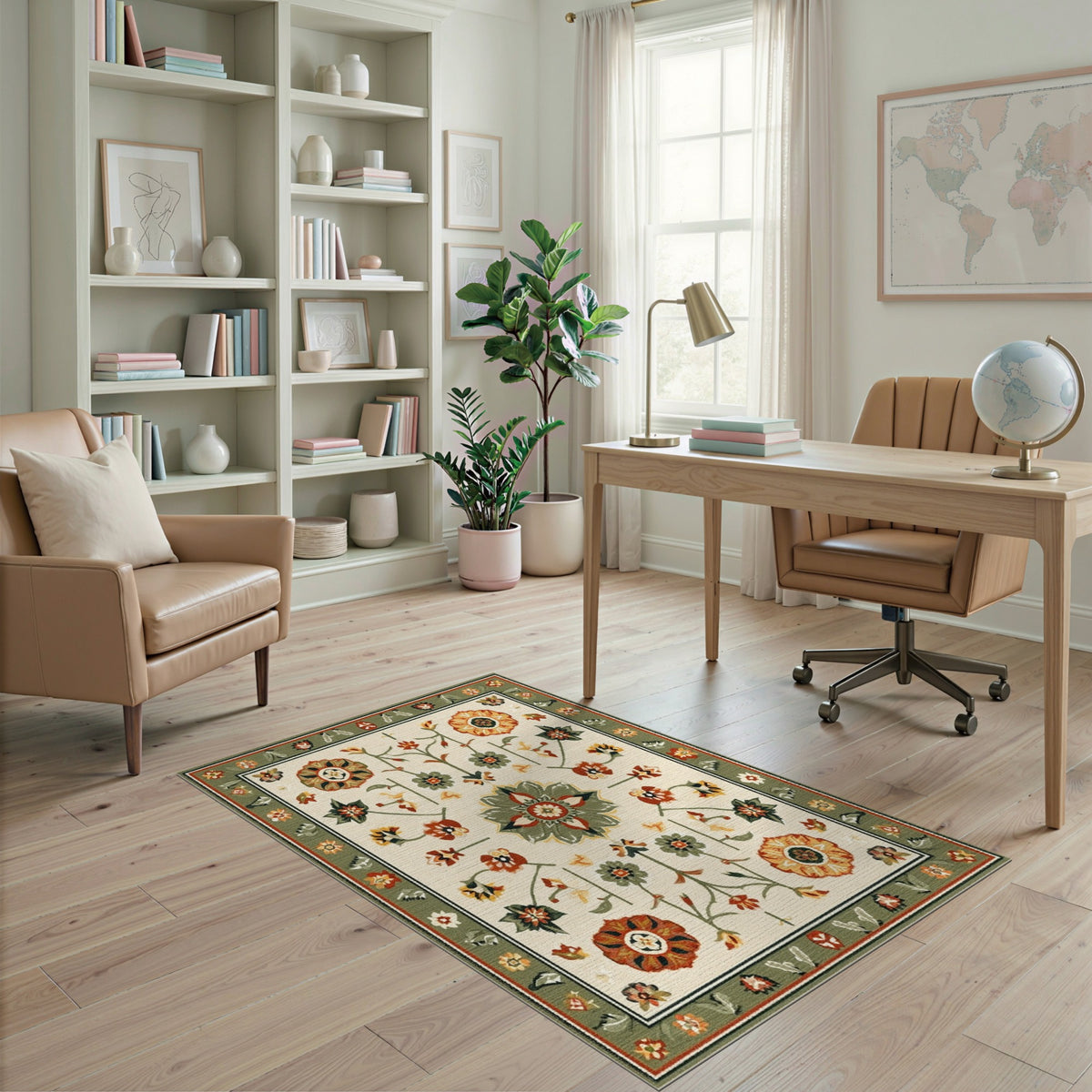 Green Sage Green Vintage Floral Area Rug