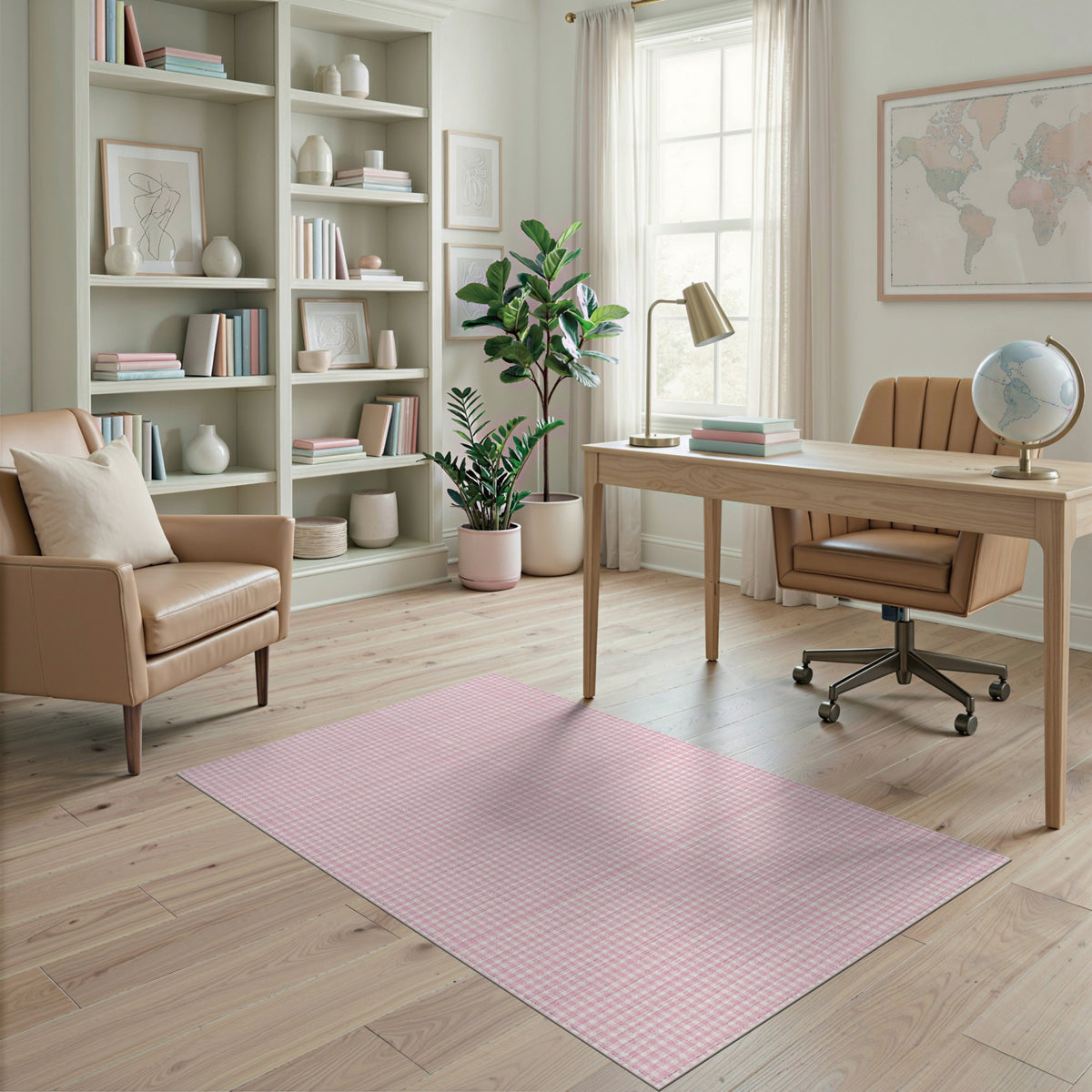 Pink Washable Pink Gingham Checkered Washable Area Rug