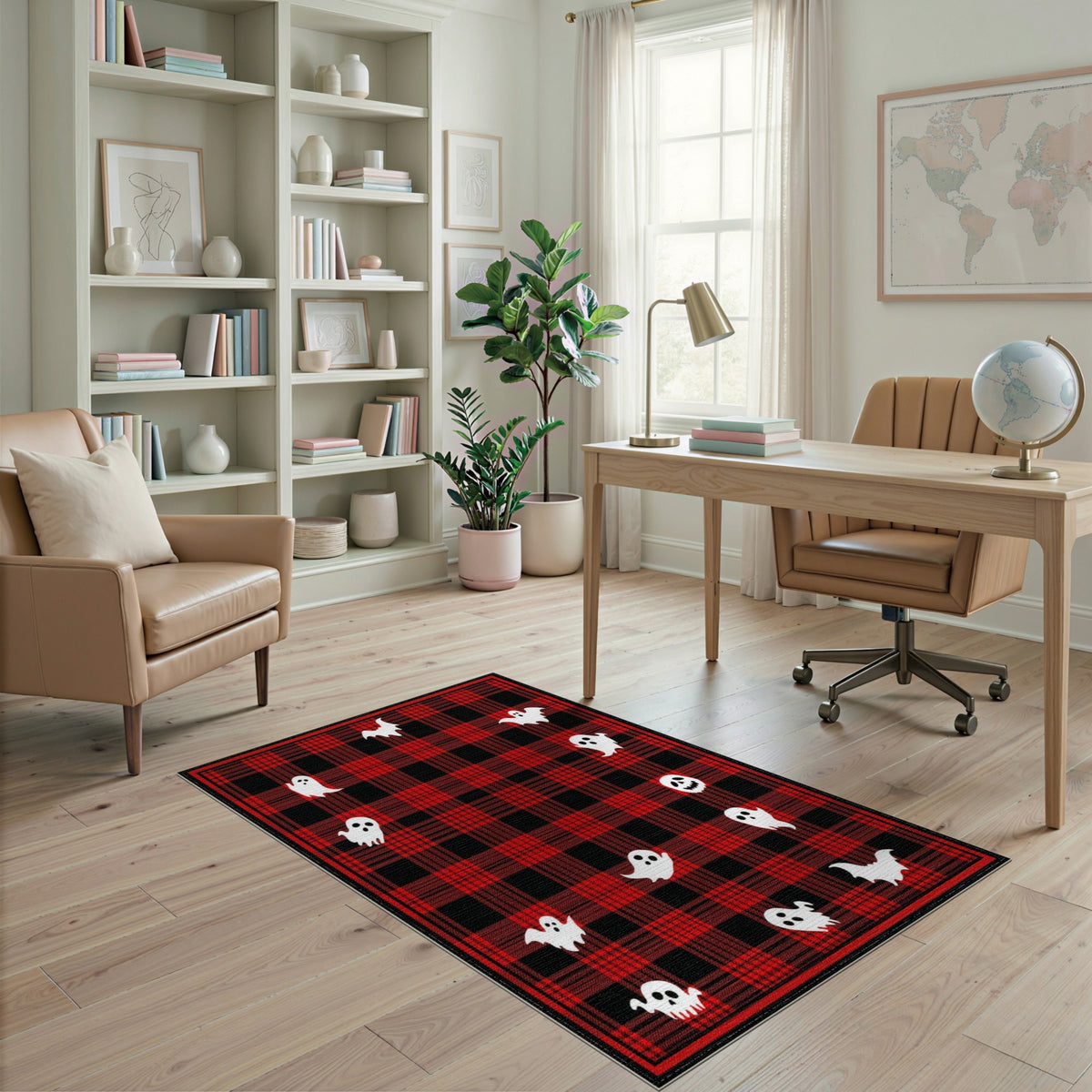 Red Plaid Halloween Ghost Bat Kids Rug