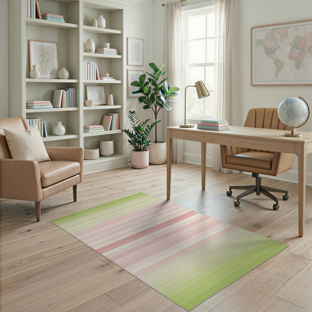 Pastel Pink Green Striped Washable Area Rug