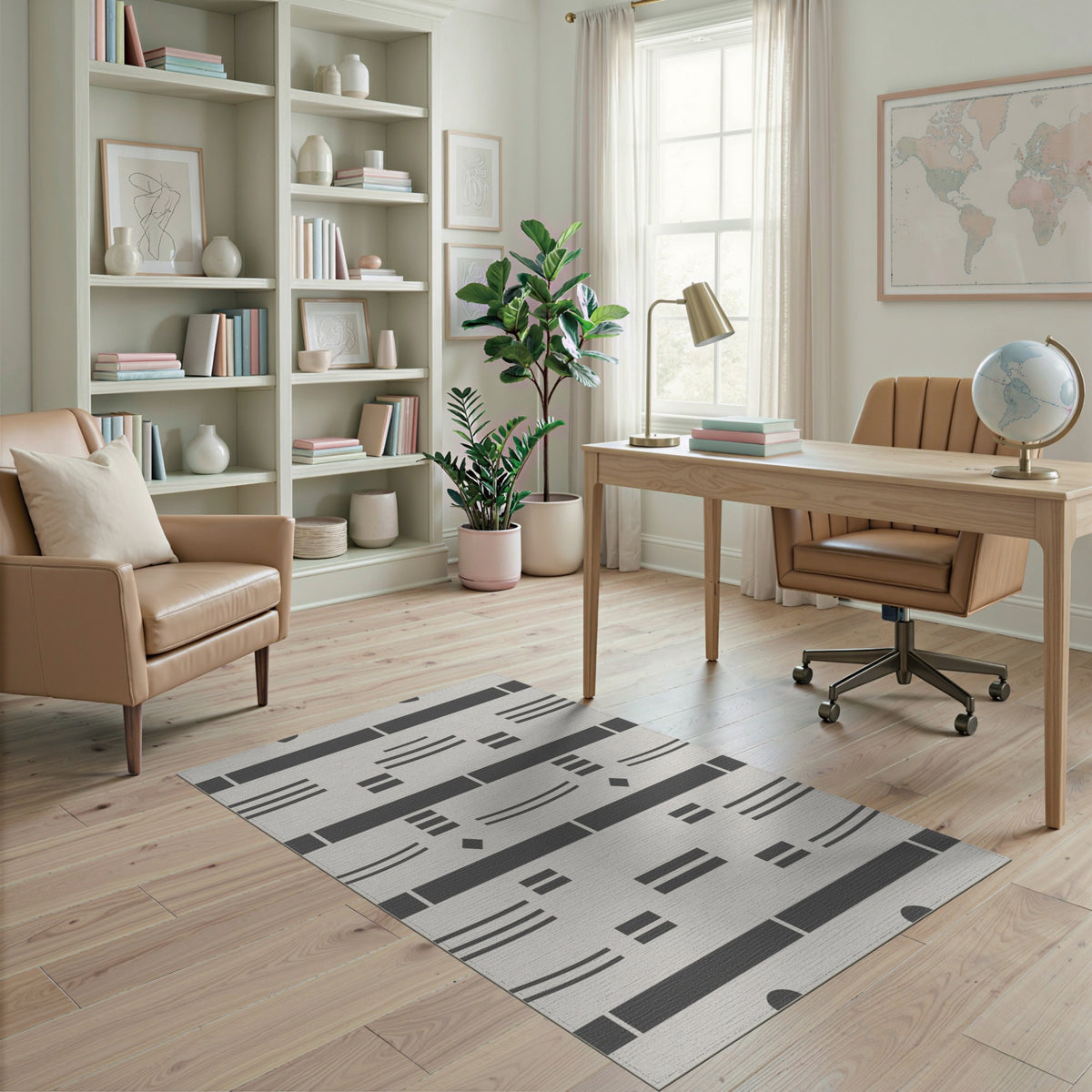 Grey Geometric Lines Washable Area Rug