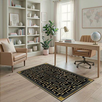 Gold and Silver Black Gold Geometric Maze Area Rug