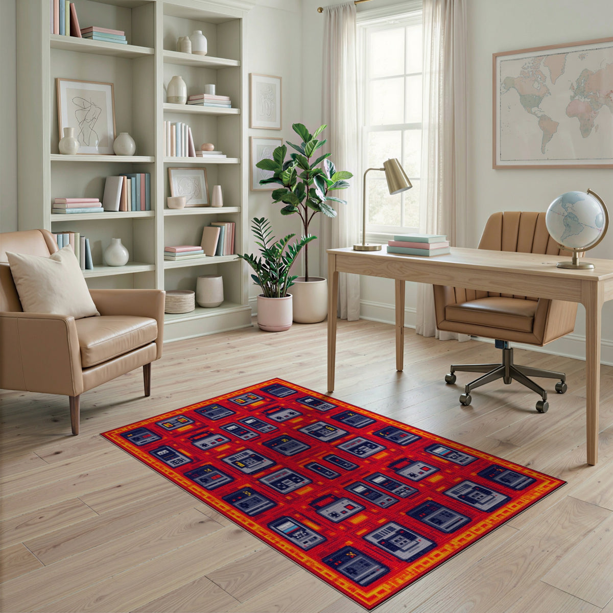 Retro Cassette Grid Red Washable Area Rug