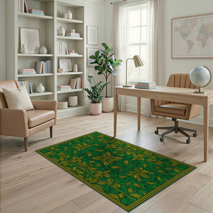 Green Floral Leaf Medallion Area Rug