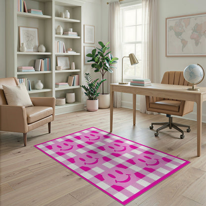 Pink Smiley Face Gingham Washable Area Rug