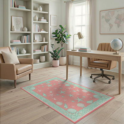 Pink Coastal Starfish Seashell Area Rug