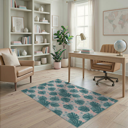 Pink Teal Monstera Washable Area Rug