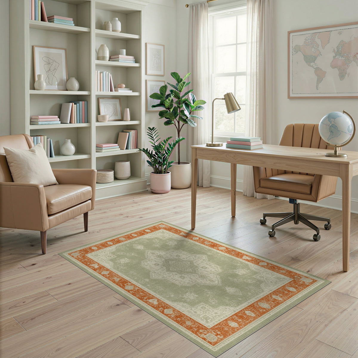 Sage Green Distressed Vintage Medallion Rug