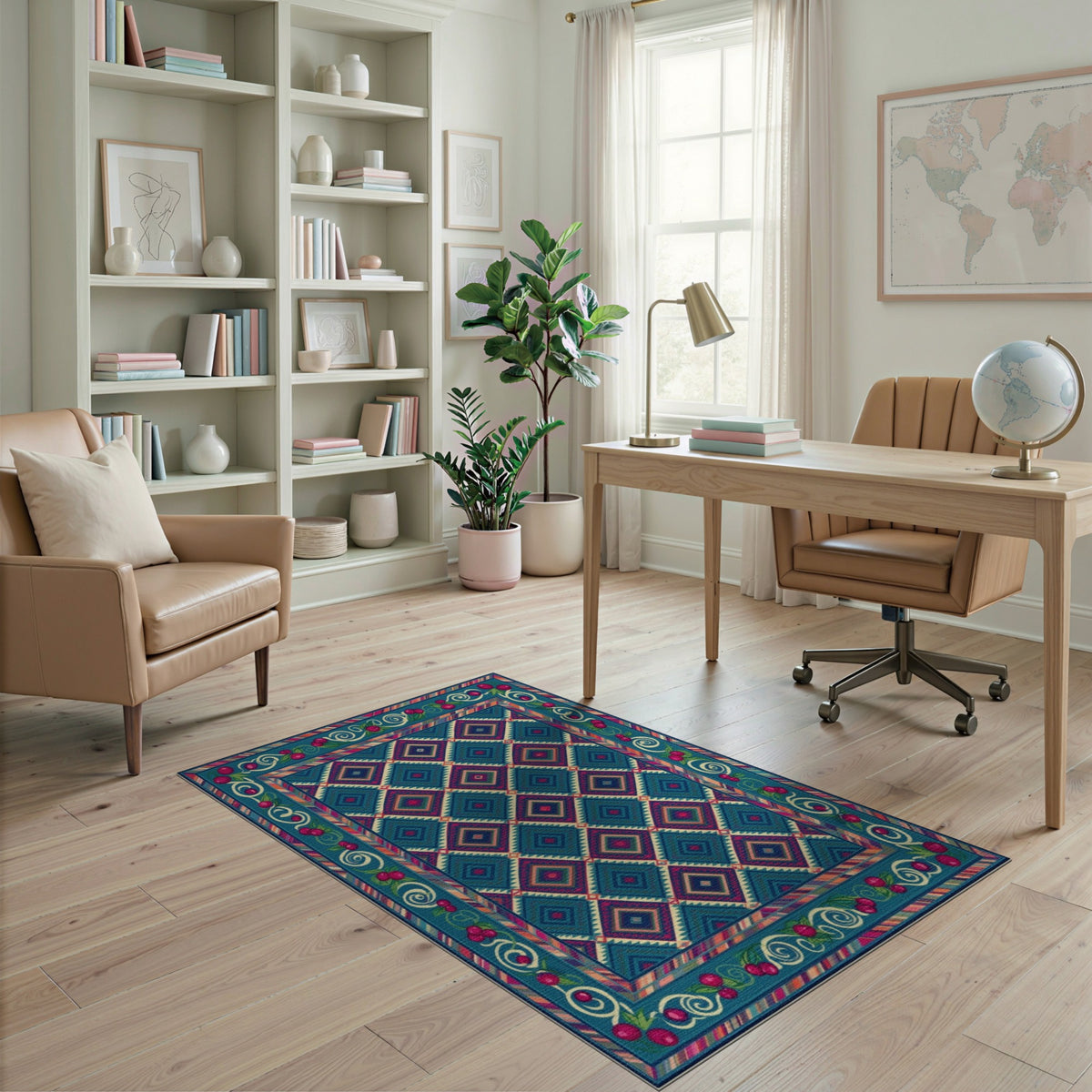 Cherry Border Teal Geometric Area Rug