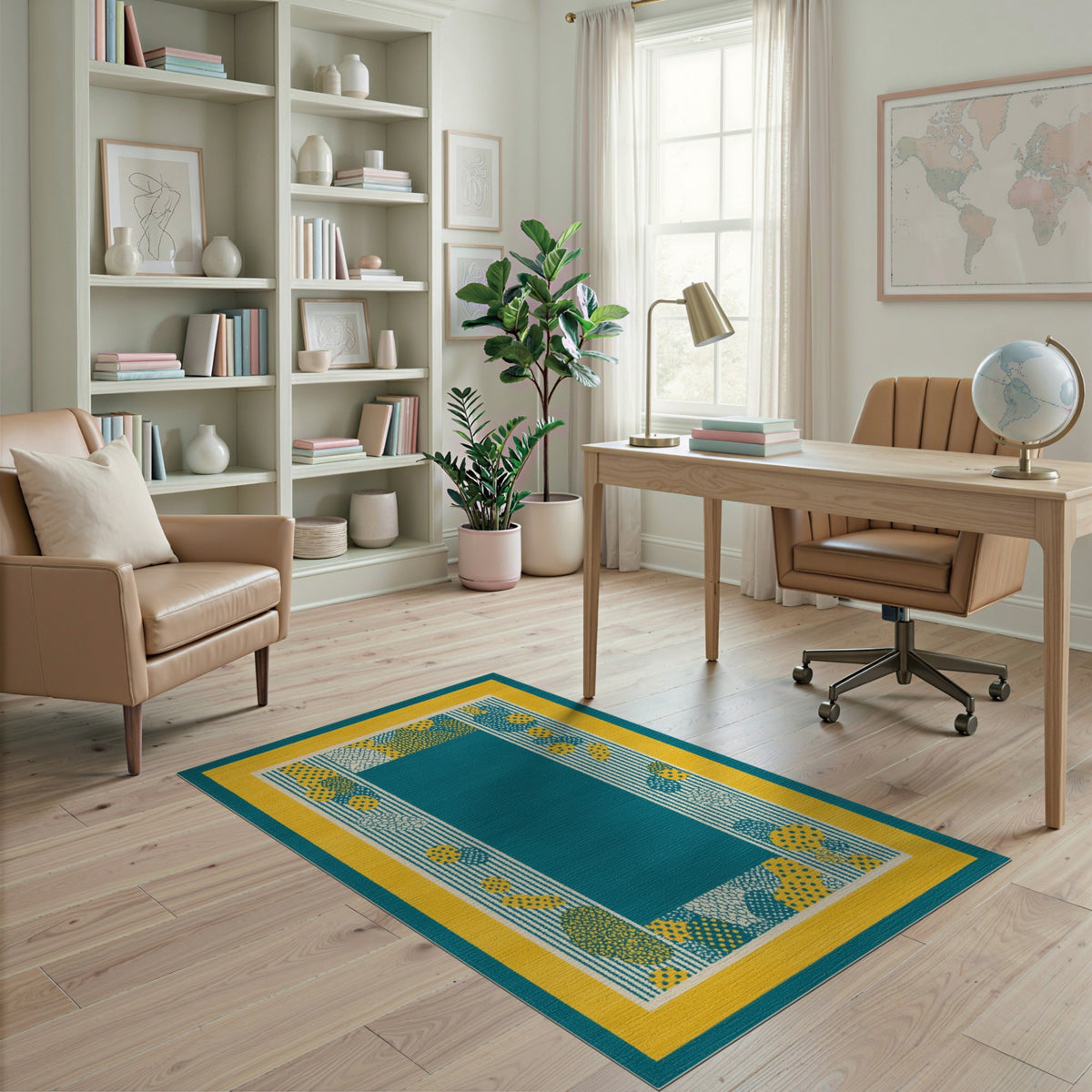 Blue and Teal Geometric Area Rug with Yellow Border