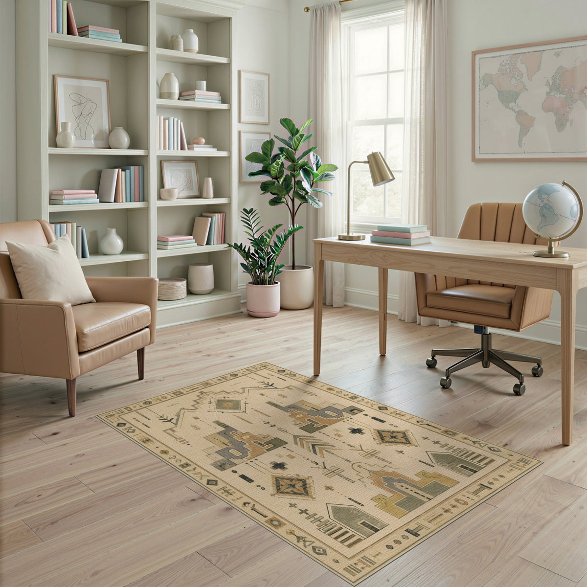Beige Geometric Area Rug with Tribal Motifs