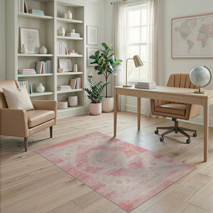 Pink Distressed Vintage Medallion Pink Area Rug