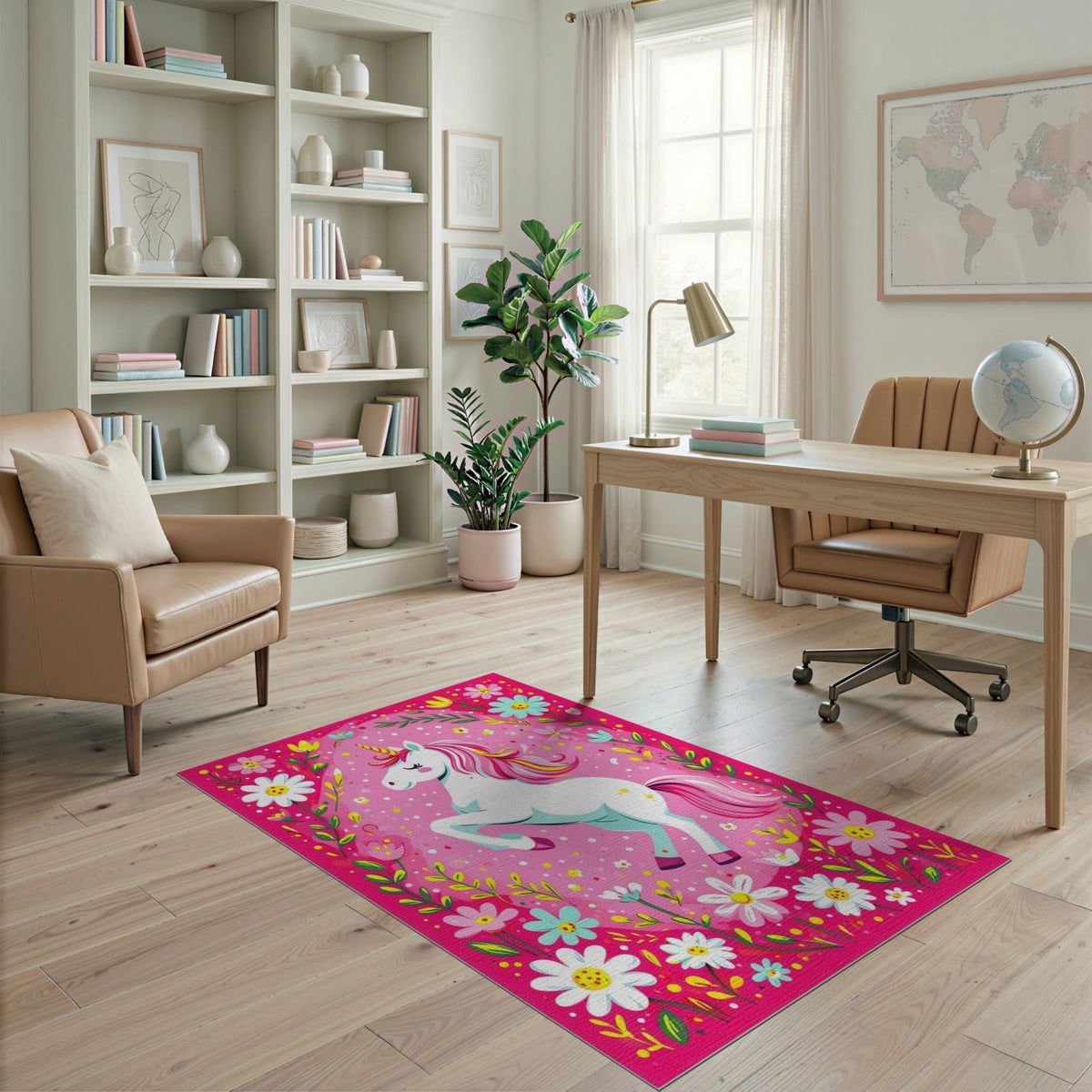 Pink Unicorn Floral Kids Area Rug
