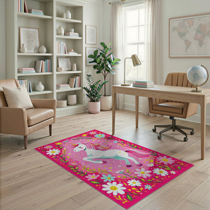Pink Unicorn Floral Kids Area Rug