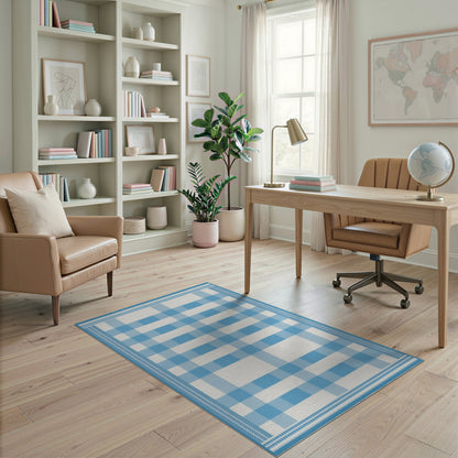 Coastal Beach Blue Gingham Checkered Washable Area Rug