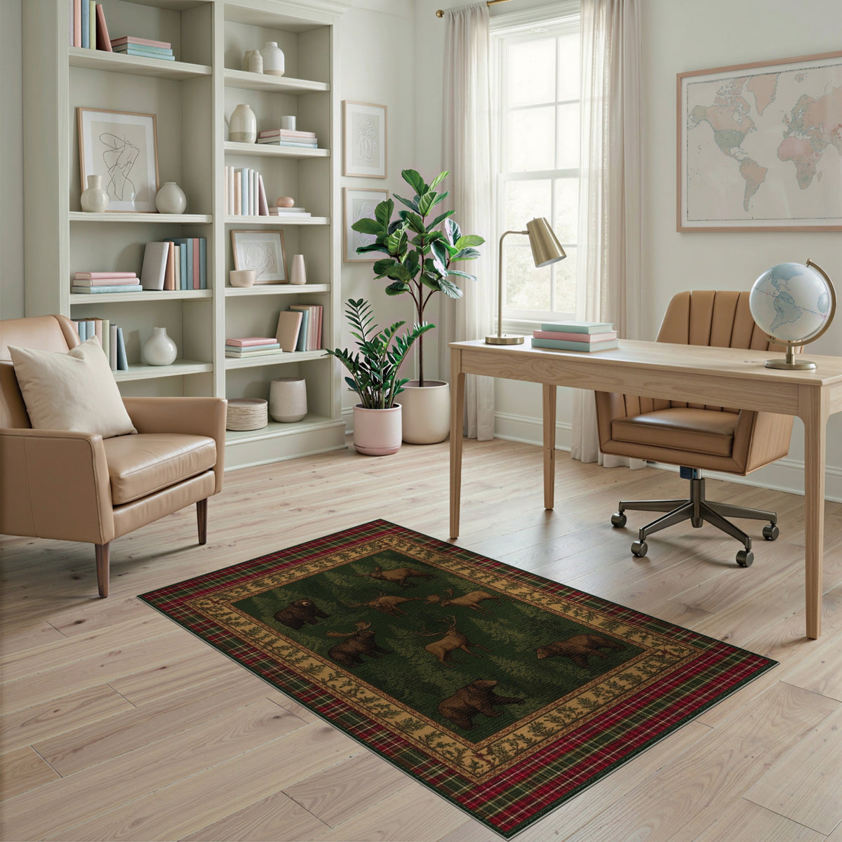 Rustic Bear Moose Forest Plaid Area Rug