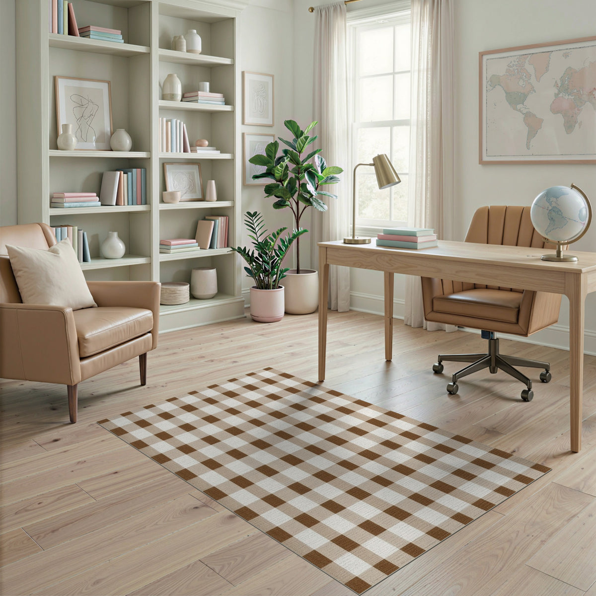 Rustic Farmhouse Brown Gingham Checkered Area Rug