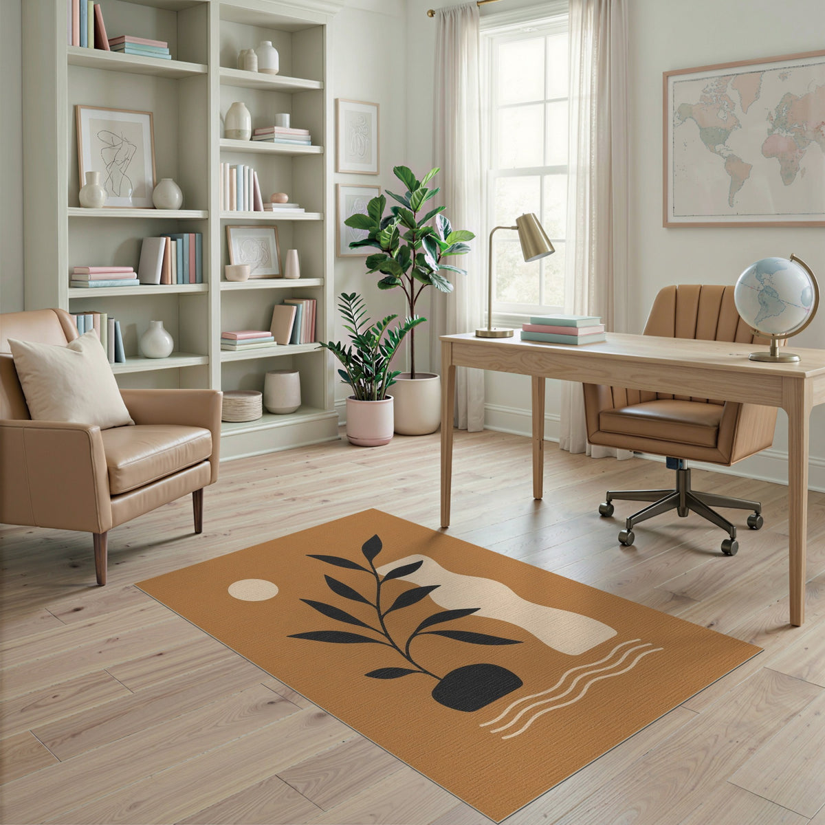 Abstract Plant Vase Area Rug in Brown Tan