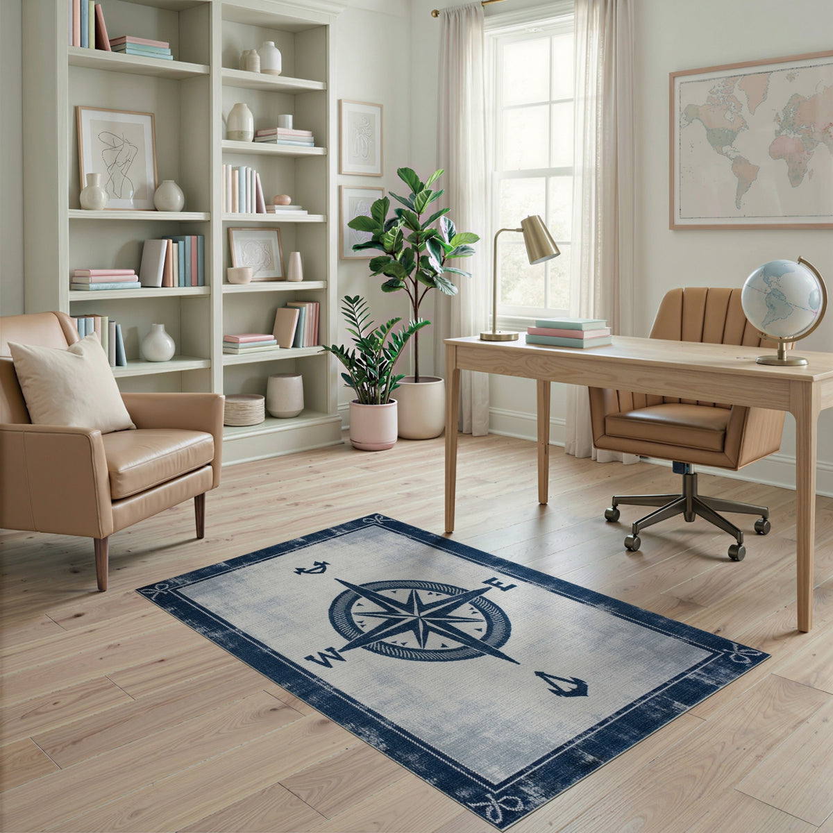Blue Nautical Compass Washable Area Rug