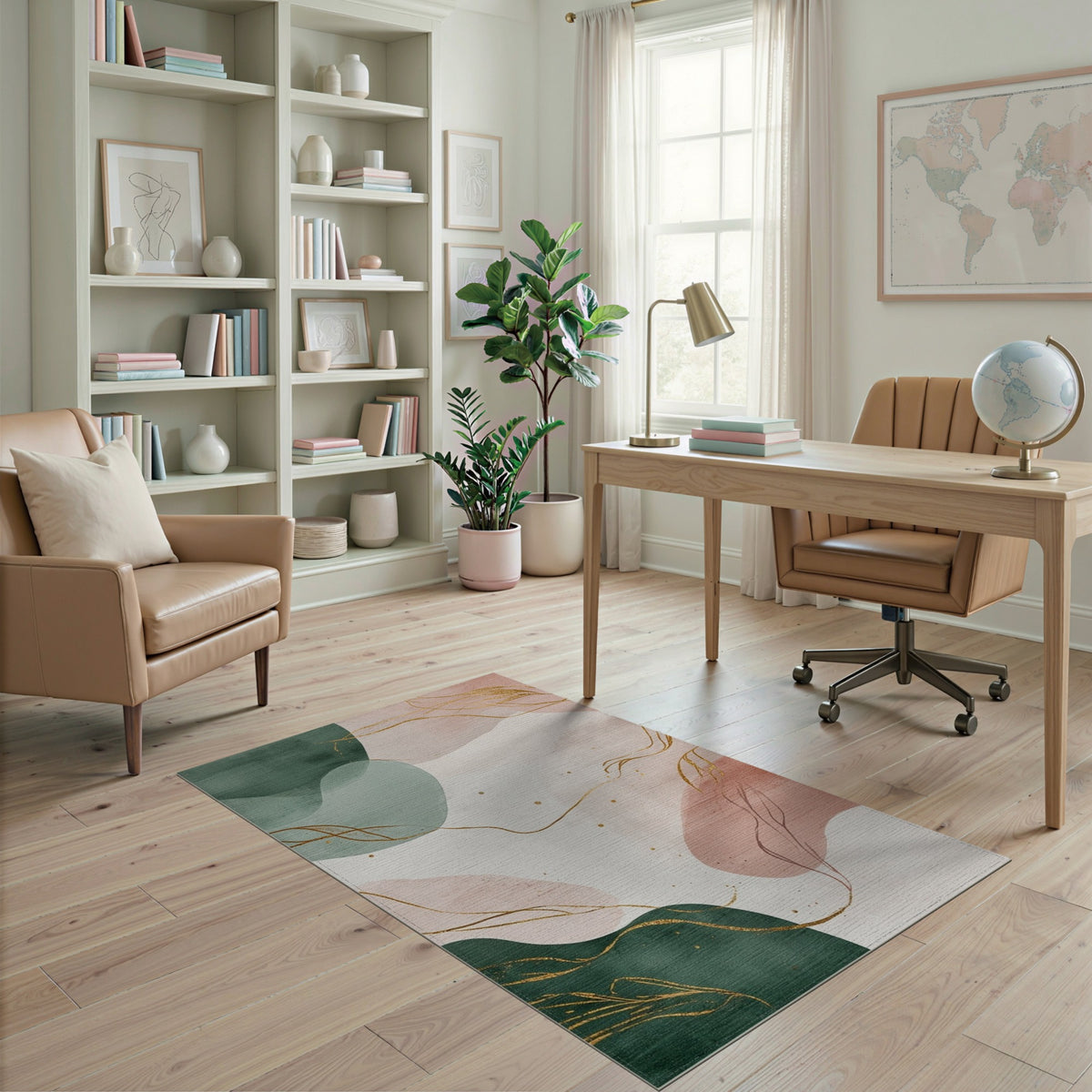 Abstract Green Gold Line Washable Rug