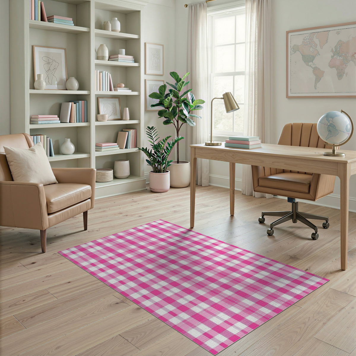 Pink Rustic Farmhouse Pink Gingham Check Washable Area Rug